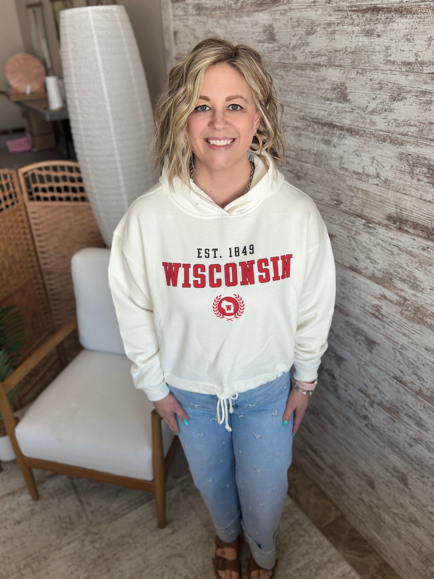 Wisconsin Pennant Ivory Drawstring Hoodie