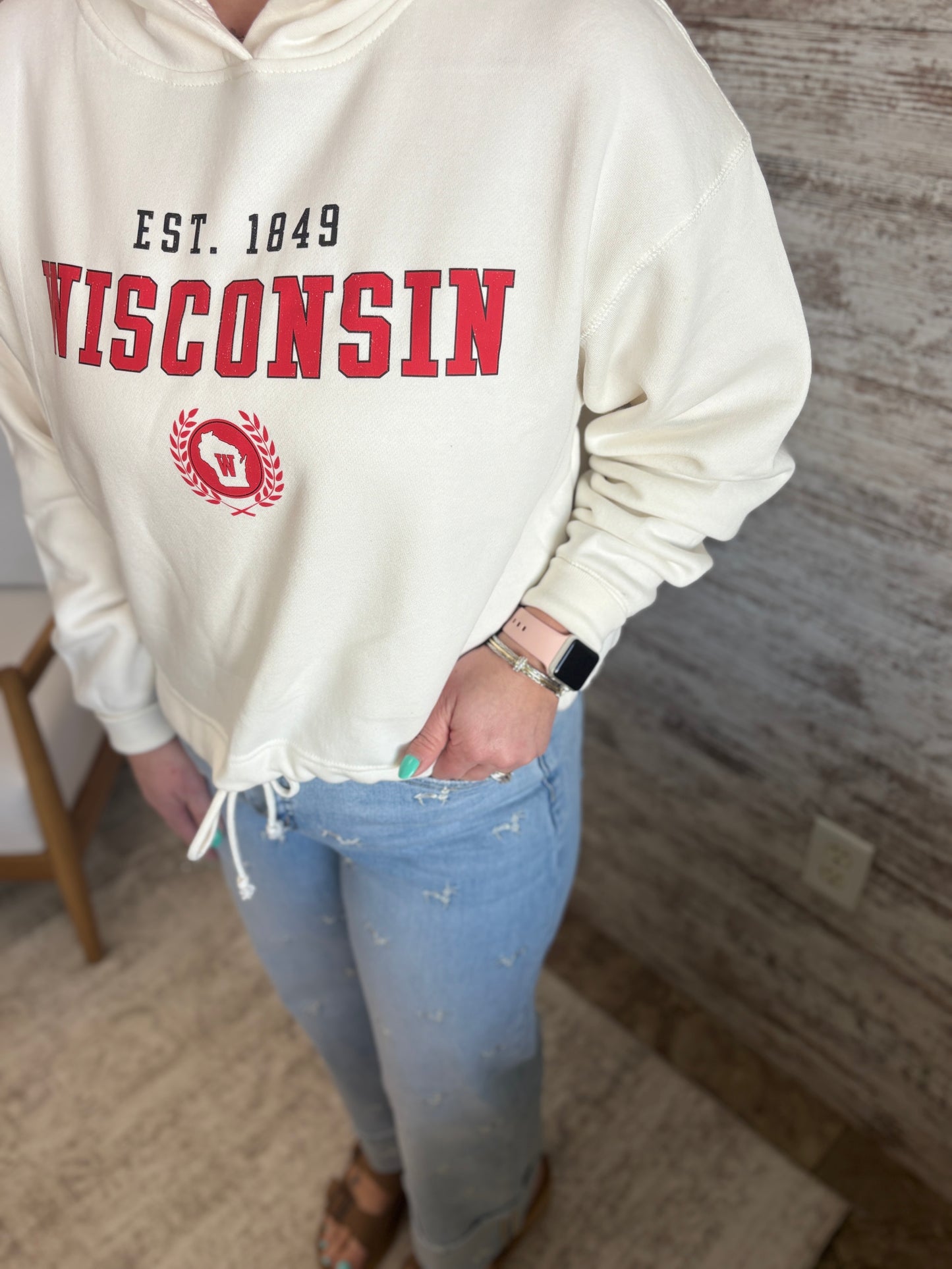 Wisconsin Pennant Ivory Drawstring Hoodie