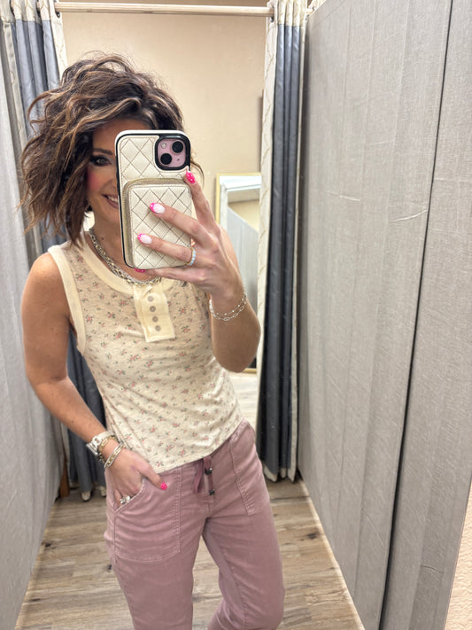 Oatmeal Round Neck Sleeveless Ribbed Floral Printed Knit Top