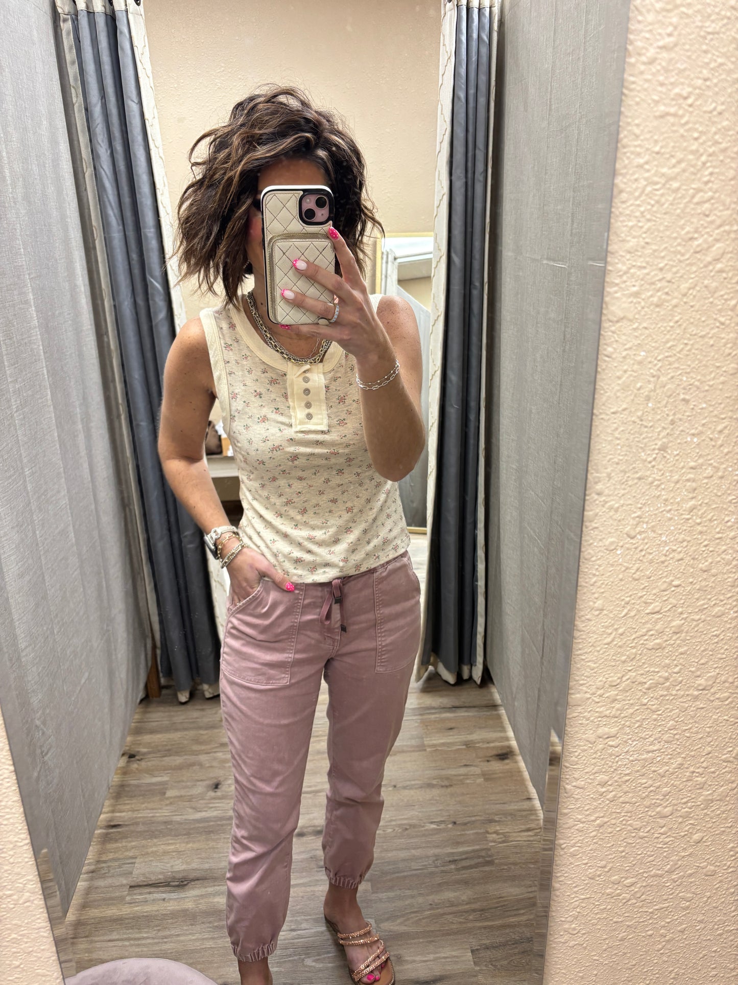 Oatmeal Round Neck Sleeveless Ribbed Floral Printed Knit Top