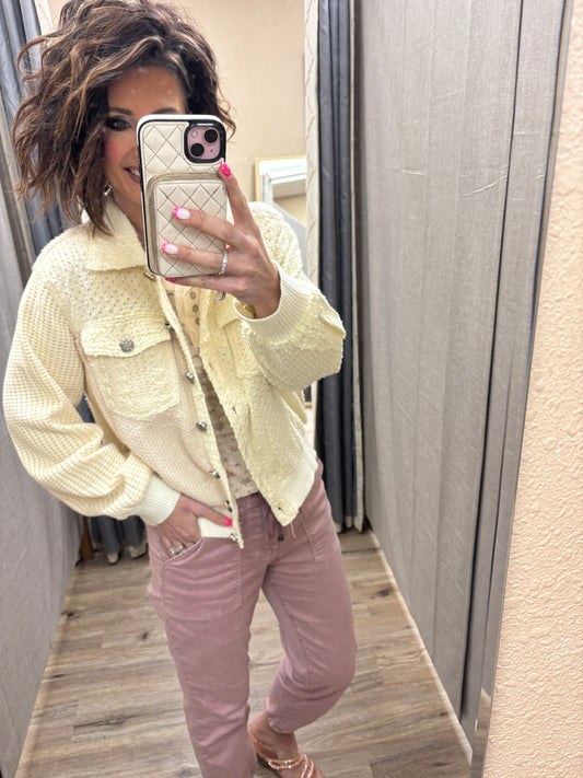 Cream Vintage Washed Crochet Patch Solid Twill Jacket