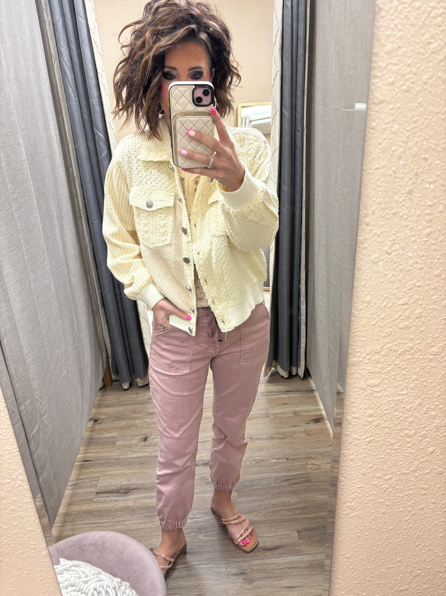 Cream Vintage Washed Crochet Patch Solid Twill Jacket