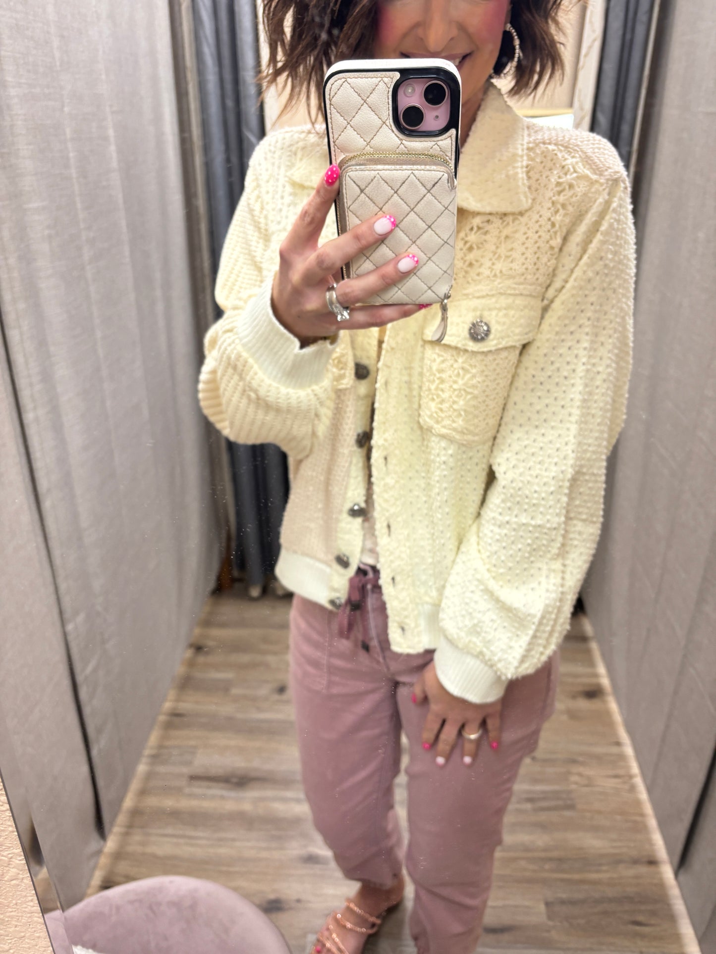 Cream Vintage Washed Crochet Patch Solid Twill Jacket