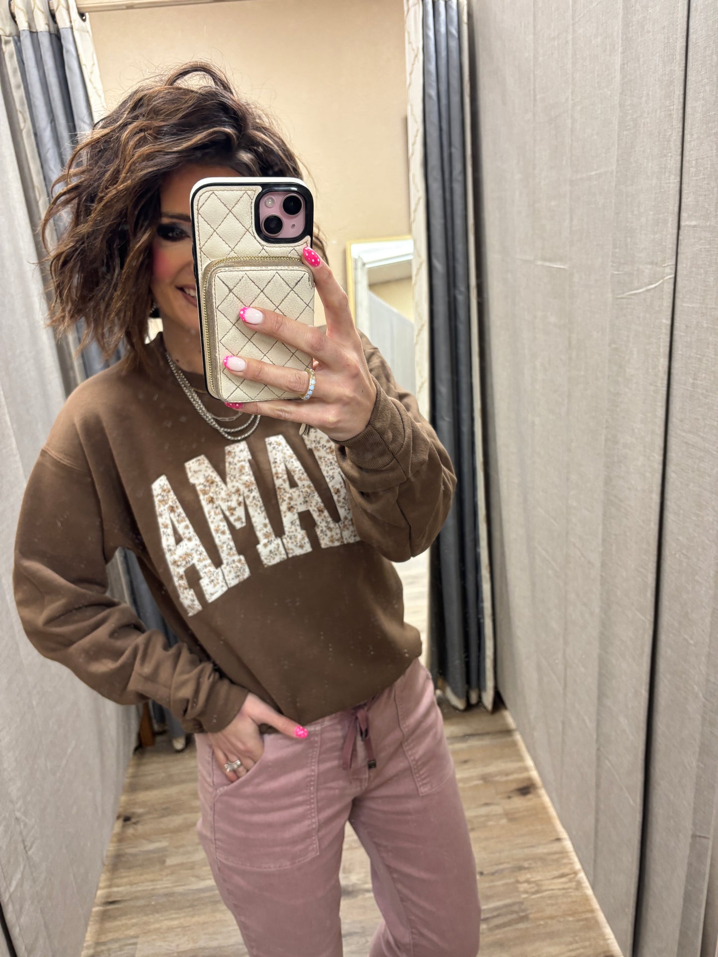 Brown Mama Floral Embroidered Crew Neck