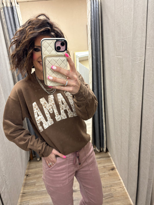 Brown Mama Floral Embroidered Crew Neck