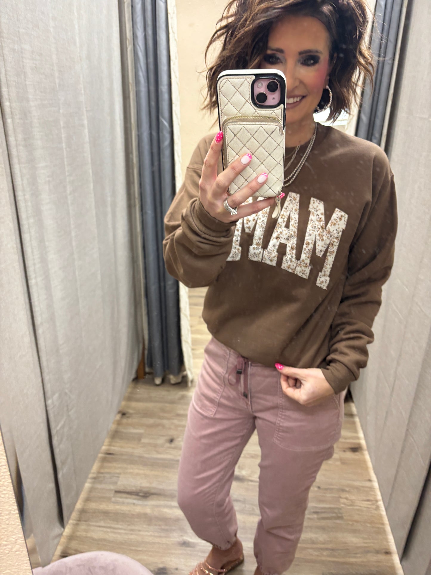Brown Mama Floral Embroidered Crew Neck