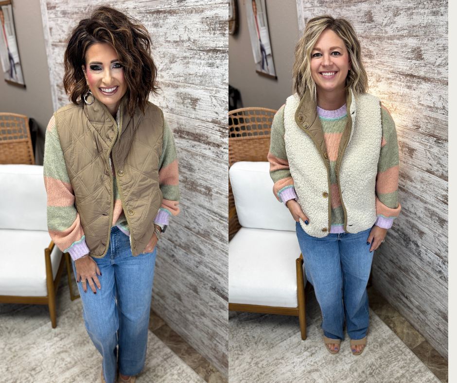 Mocha Reversible Sherpa Quilted High Collared Button Down Vest