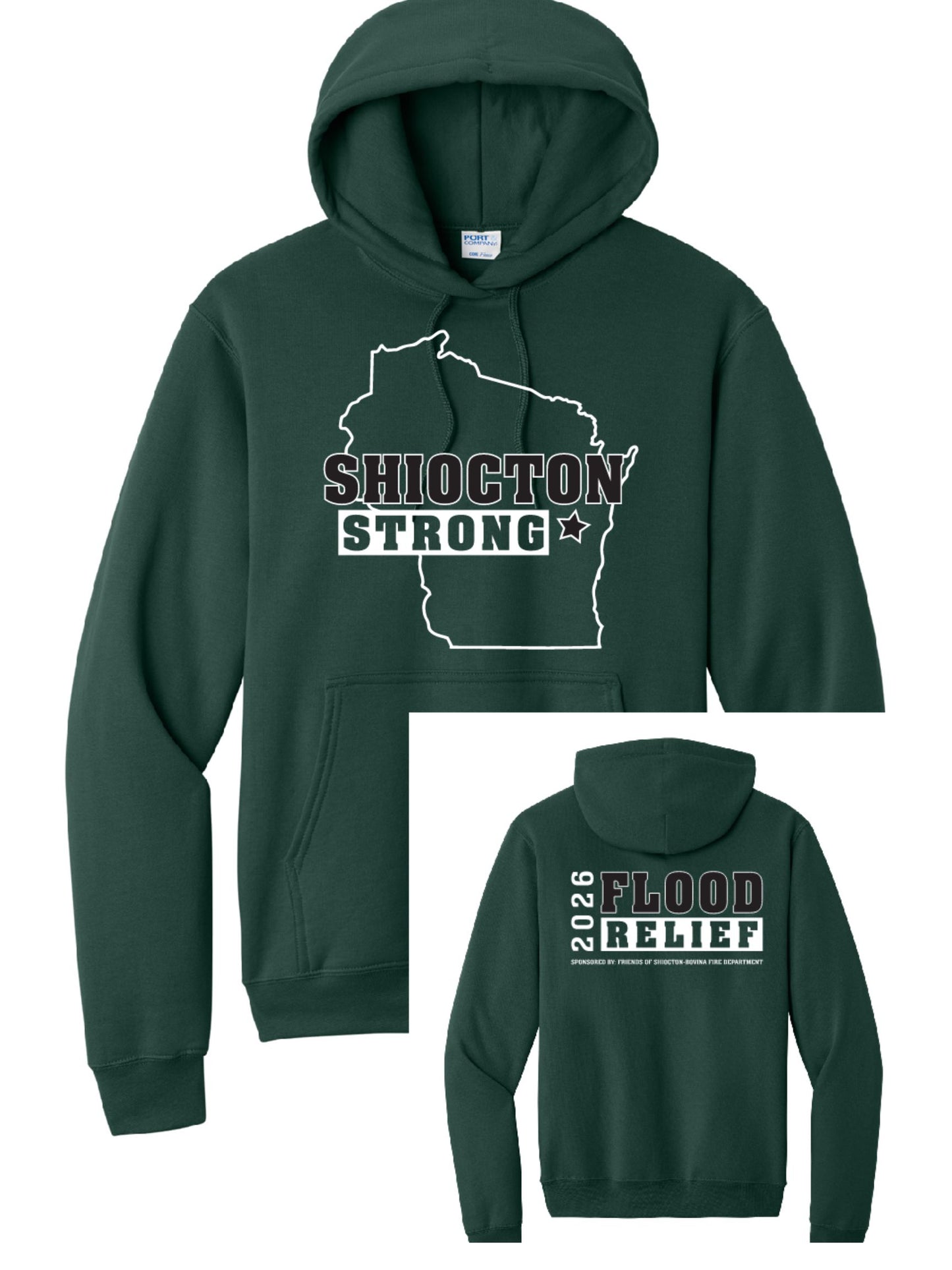 Shiocton Flood Relief Port & Company Dark Green Unisex Hoodie ~ Youth/Adult