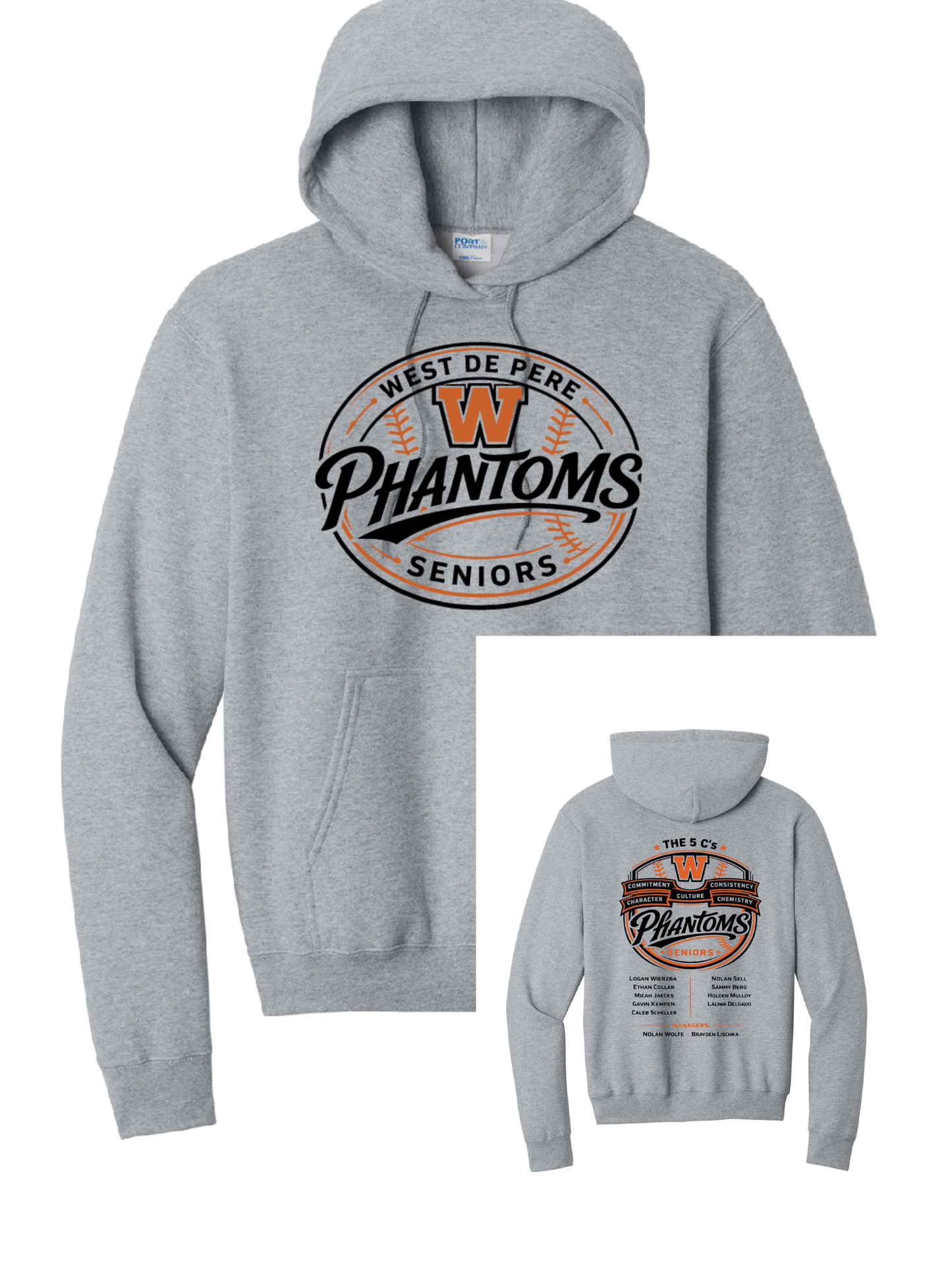 West DePere Senior Baseball Port & Company Athletic Grey Hoodie~YOUTH
