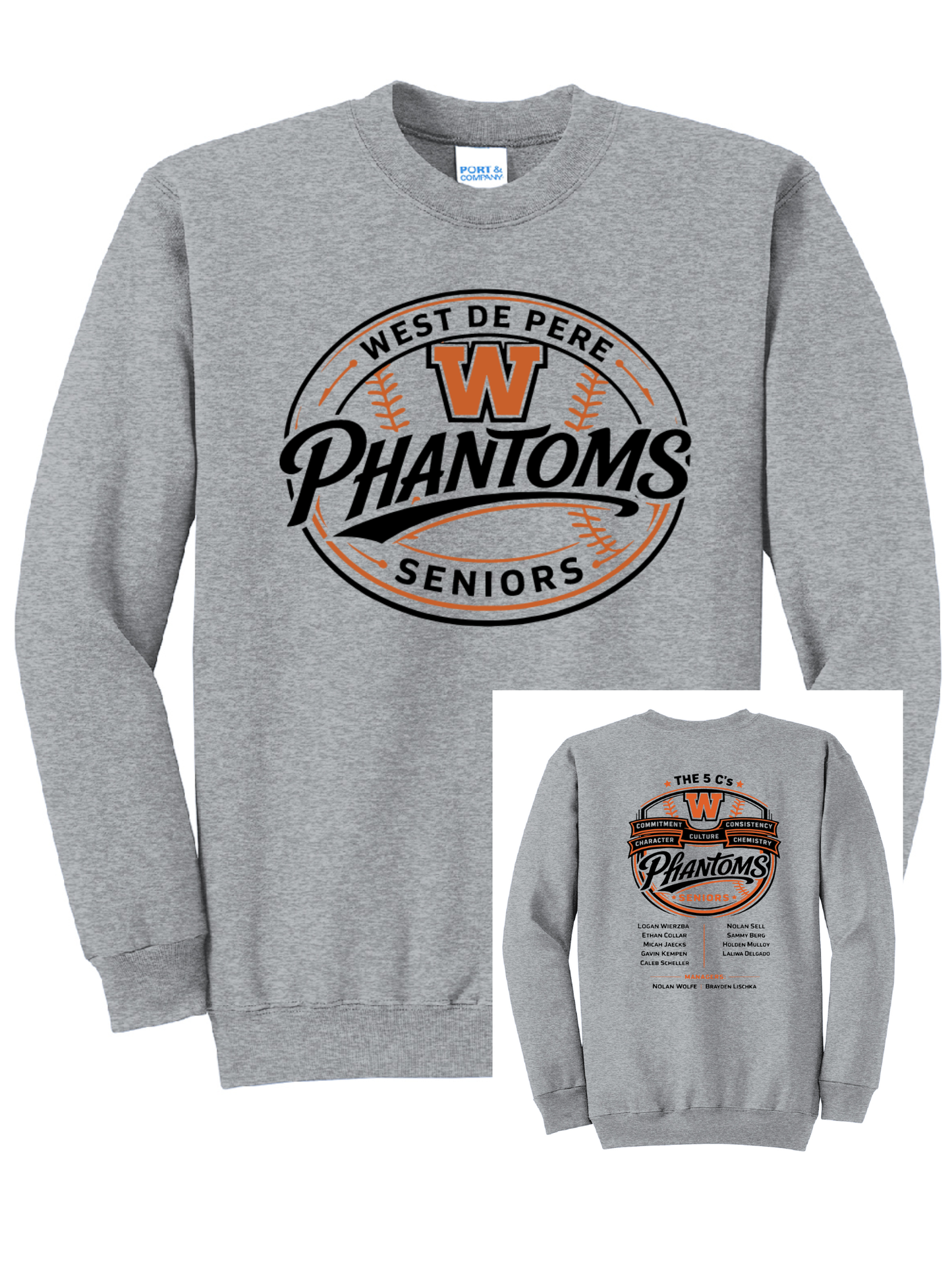 West DePere Senior Baseball Port & Company Athletic Grey Crew ~ Adult