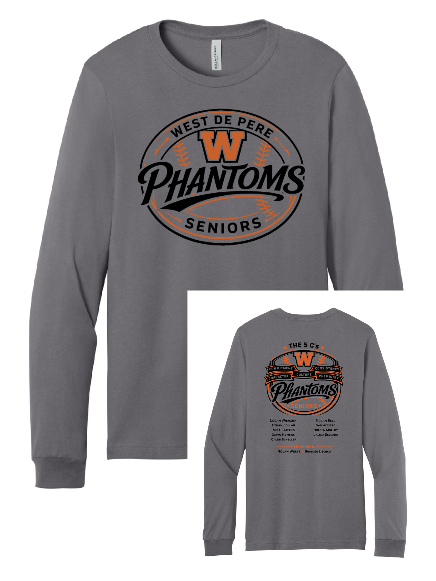 West DePere Senior Baseball Bella Canvas Heather Storm Tee Long Sleeve ~ Adult