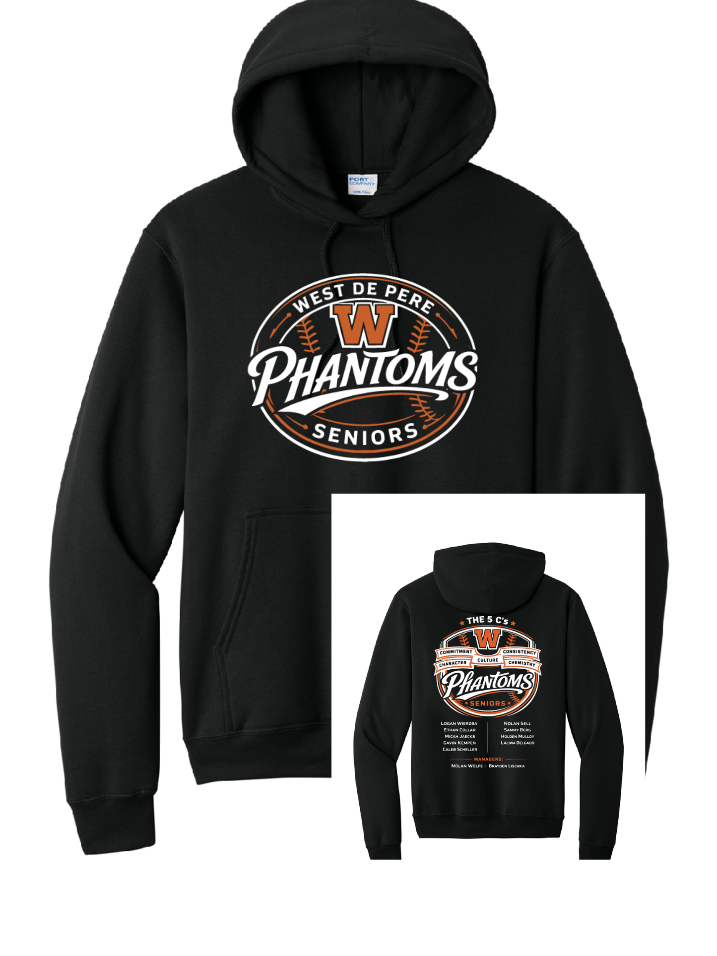 West DePere Senior Baseball Port & Company Black Hoodie ~ Adult