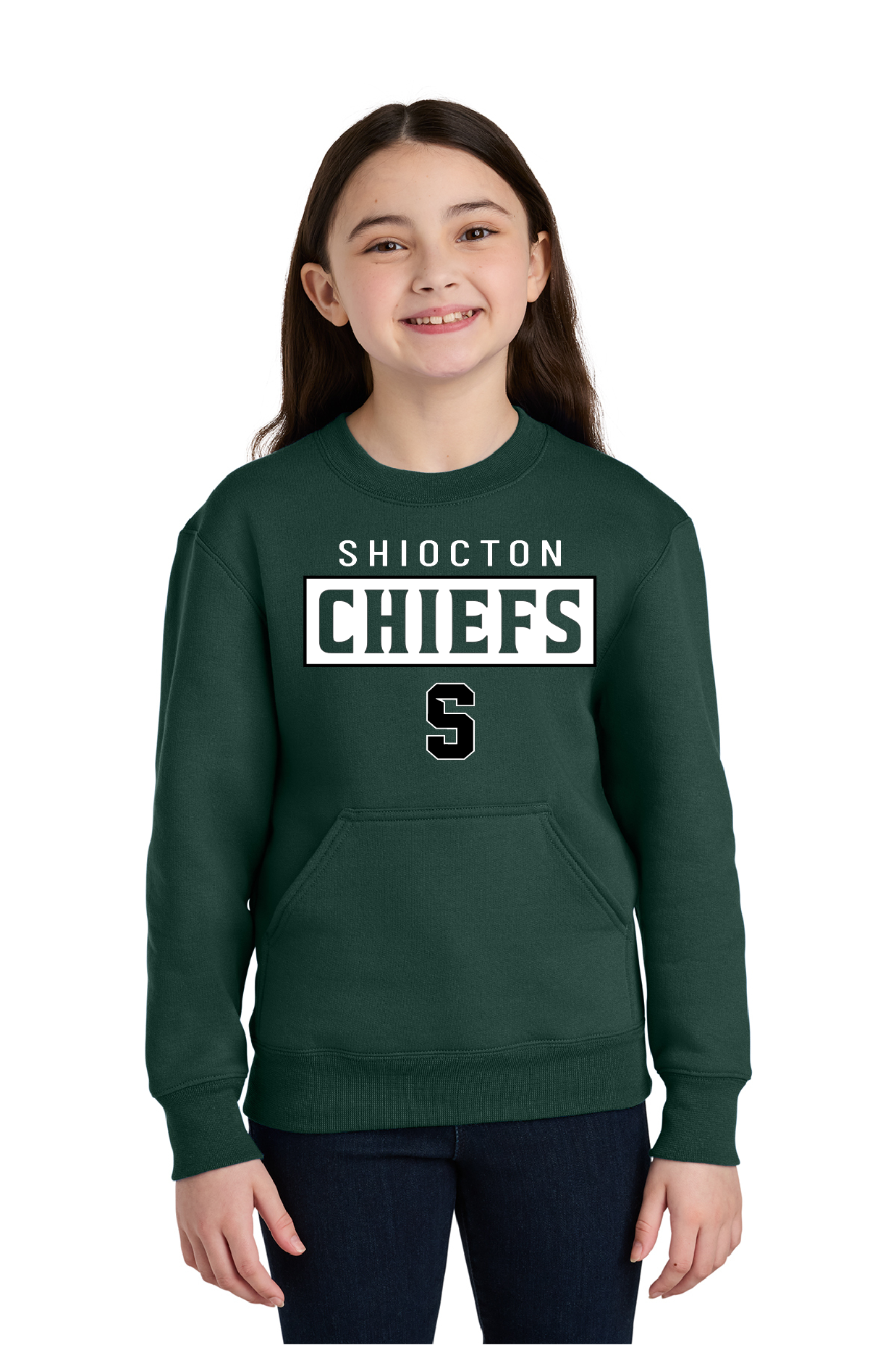 Shiocton Chiefs Port & Company Forest Kangaroo Pocket Crew ~ Youth