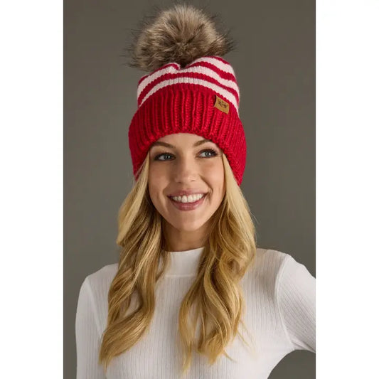 Red and Pink Striped Pom Hat