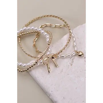 Bow Pearl Rhinestone Bar and Stretch Bangle Set