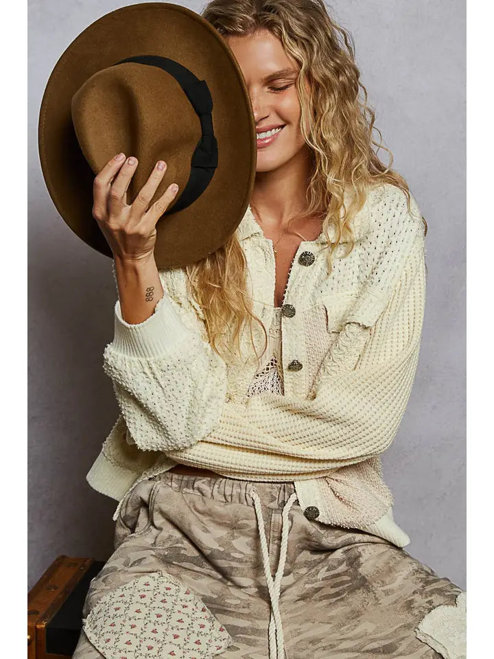 Cream Vintage Washed Crochet Patch Solid Twill Jacket