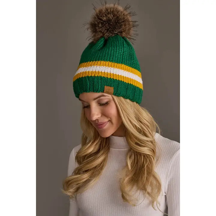 Green, Gold & White Knit Pom Hat