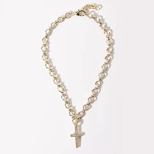 Gold Omega Link Cz Pave Cross Necklace