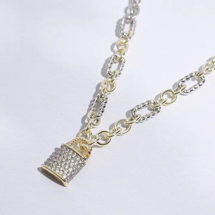 Two Tone Linked Solid and Twisted Chain Cz Lock Necklace