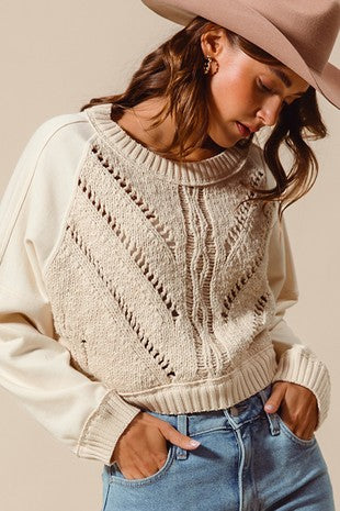 OATMEAL CABLE SWEATER FRONT RAGLAN CROP TOP