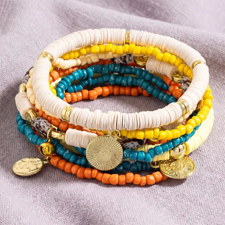 Boho Coin Charm Beaded Bracelet Stack Set ~ Rust/Blue
