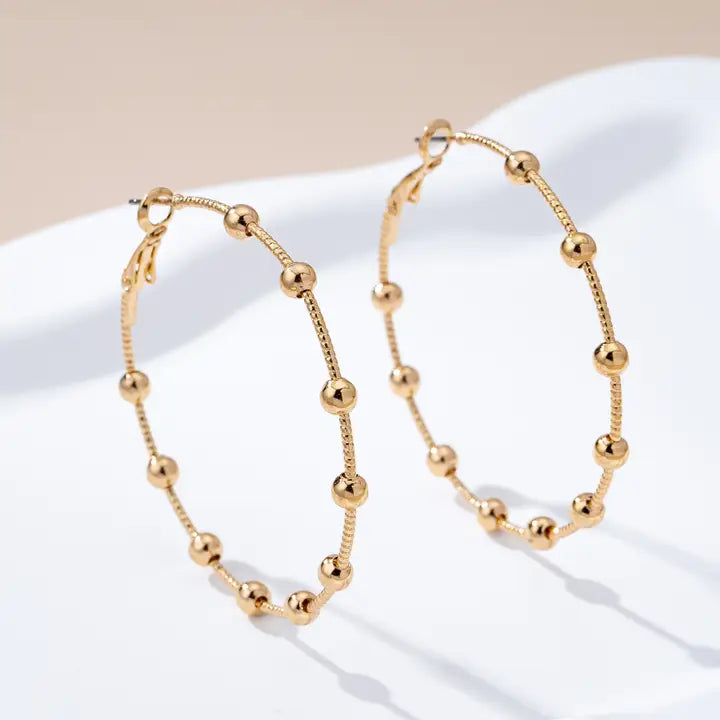 Classic Gold Ball Beaded Station Hoop Earrings