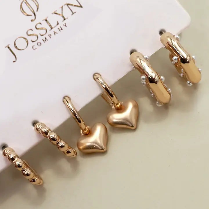 Heart Drop Pearl Studed Hoop Trio Earrings