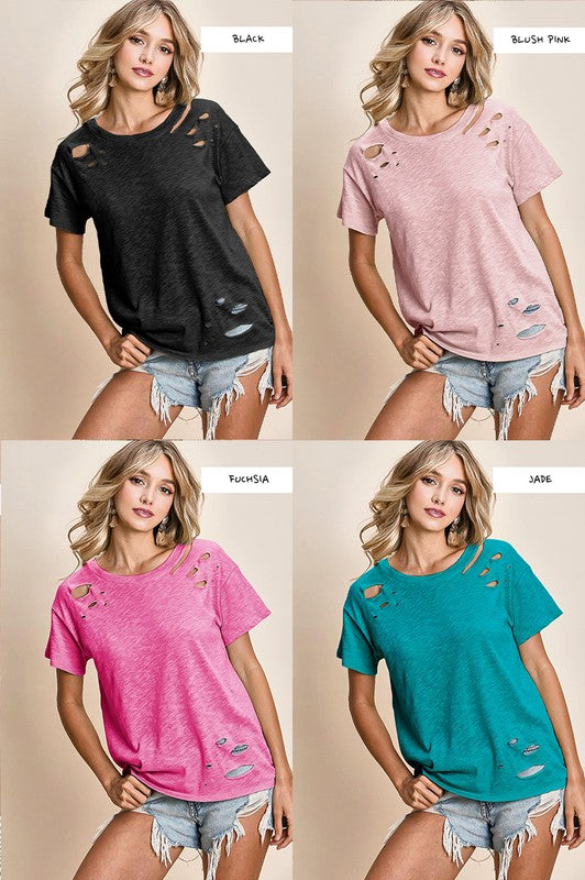 COTTON SLUB JERSEY KNIT MULTI LASER CUT DETAILED TOP
