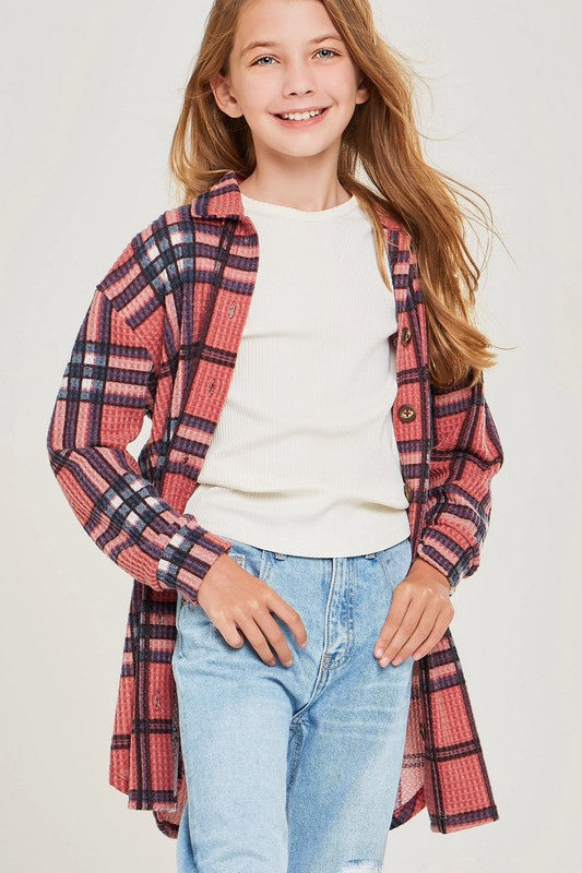 Girls Plaid Print Long Line Shacket