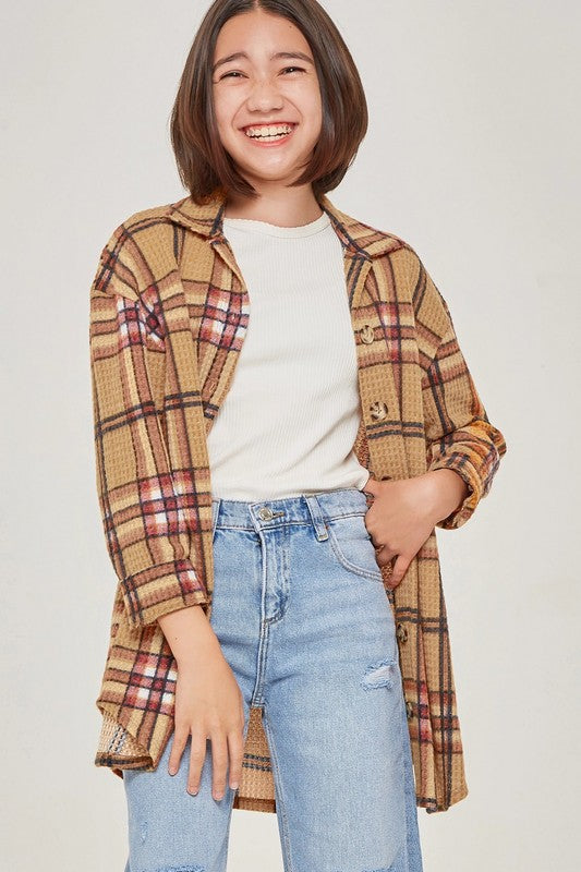 Girls Plaid Print Long Line Shacket