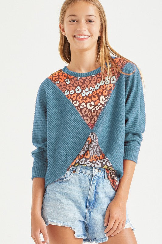 Girls Leopard Colorblock Dolman Sleeve Sweater