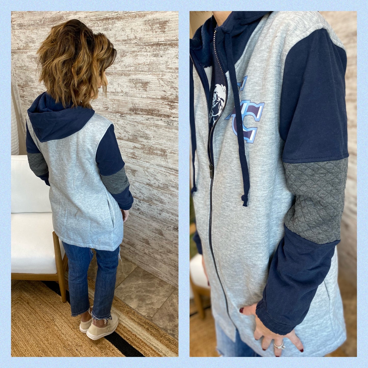 NAVY QUILT CONTRAST FLEECE COLOR BLOCK LONGLINE HOODIE