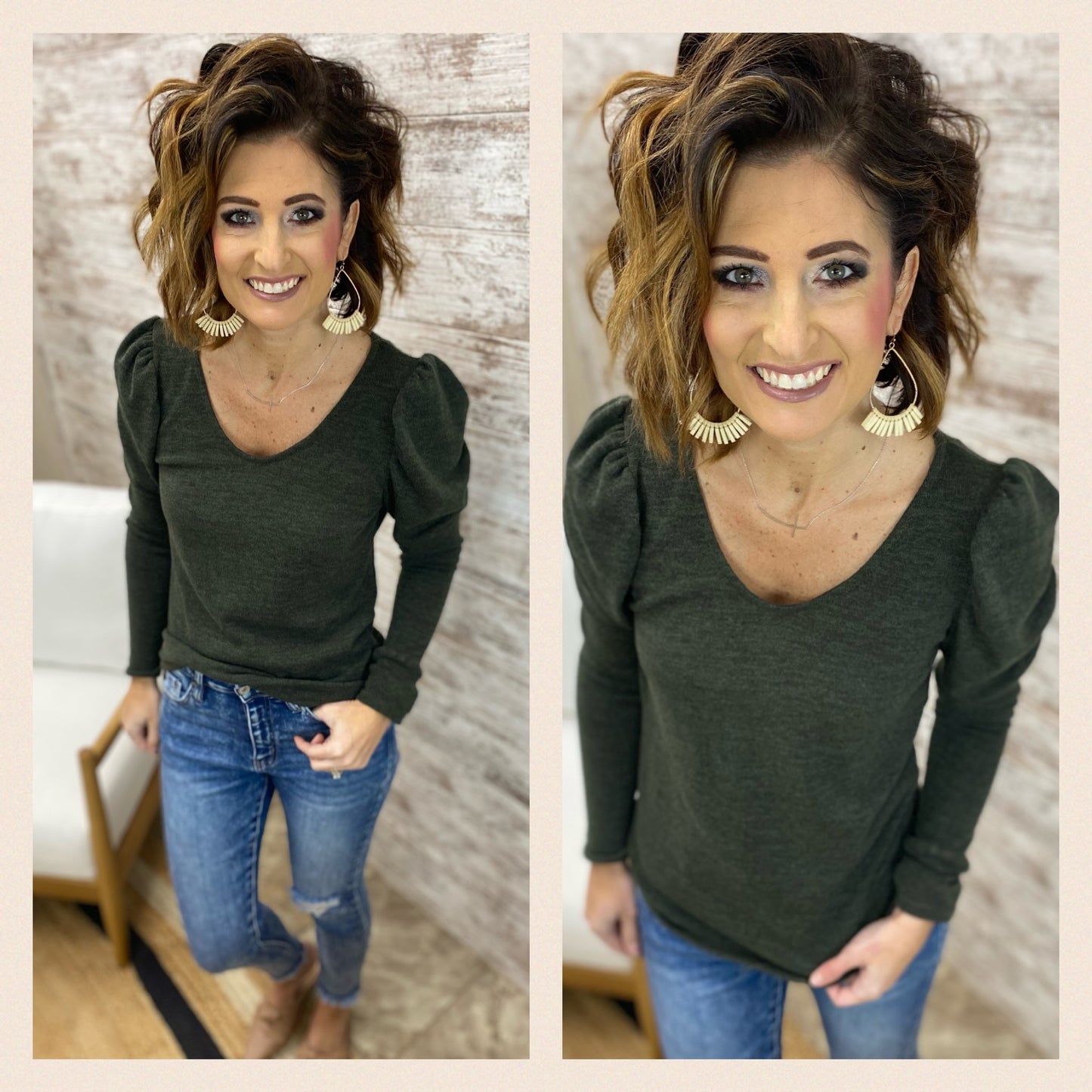 SOLID PUFF SHOULDER LONG SLEEVE TOP