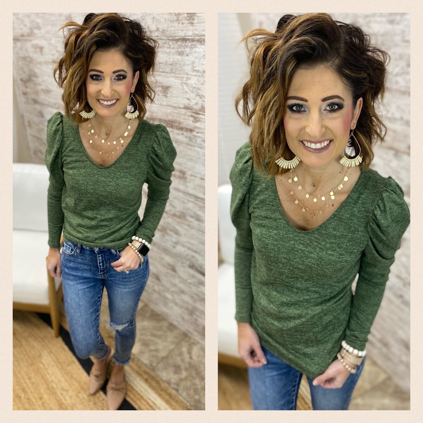 SOLID PUFF SHOULDER LONG SLEEVE TOP