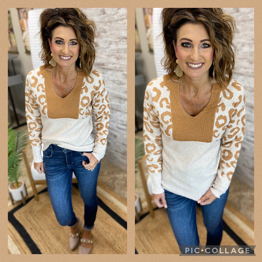 Rust Color Block Leopard Pullover